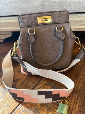 Taupe Pebbled Leather Small Crossbody Bag with Interchangeable/Decorative Straps
